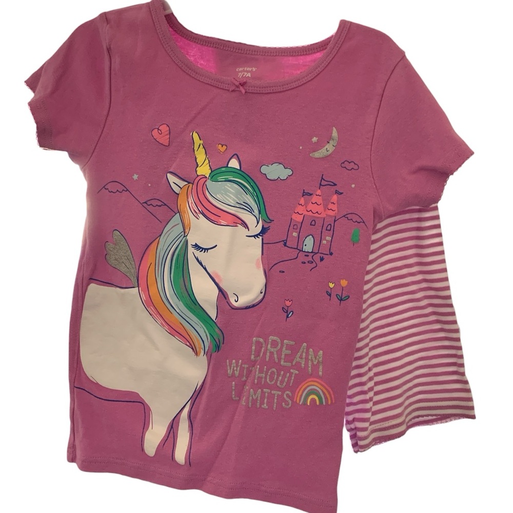 Carters Dream Unicorn PJ set pajama Size 7 Pink Graphic Tee Striped Pants!